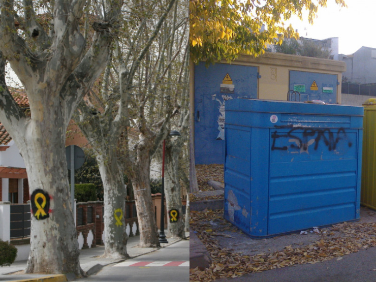Fotomuntatge d'arbres del pg. de la Carrerada i mobiliari urbà amb pintades.
